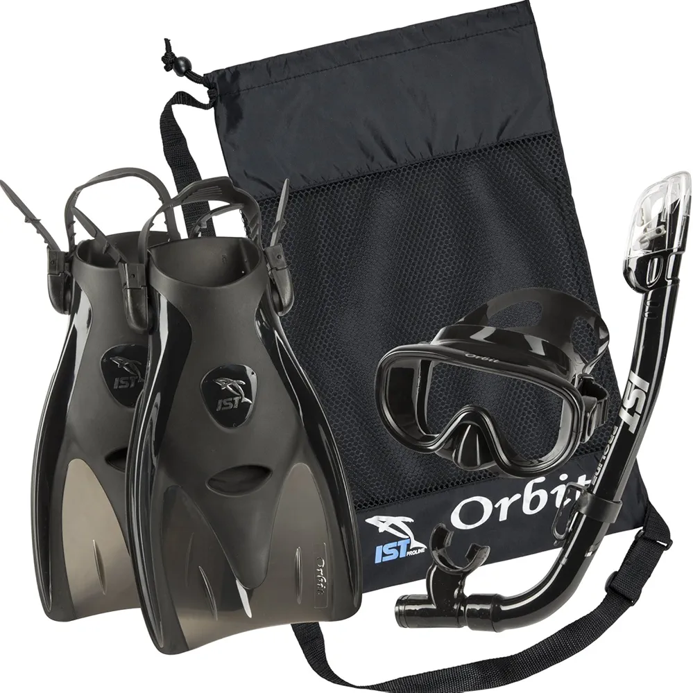 IST Orbit Snorkeling Gear Set: Tempered Glass Mask, Dry Top Snorkel & Trek Fins for Compact Travel