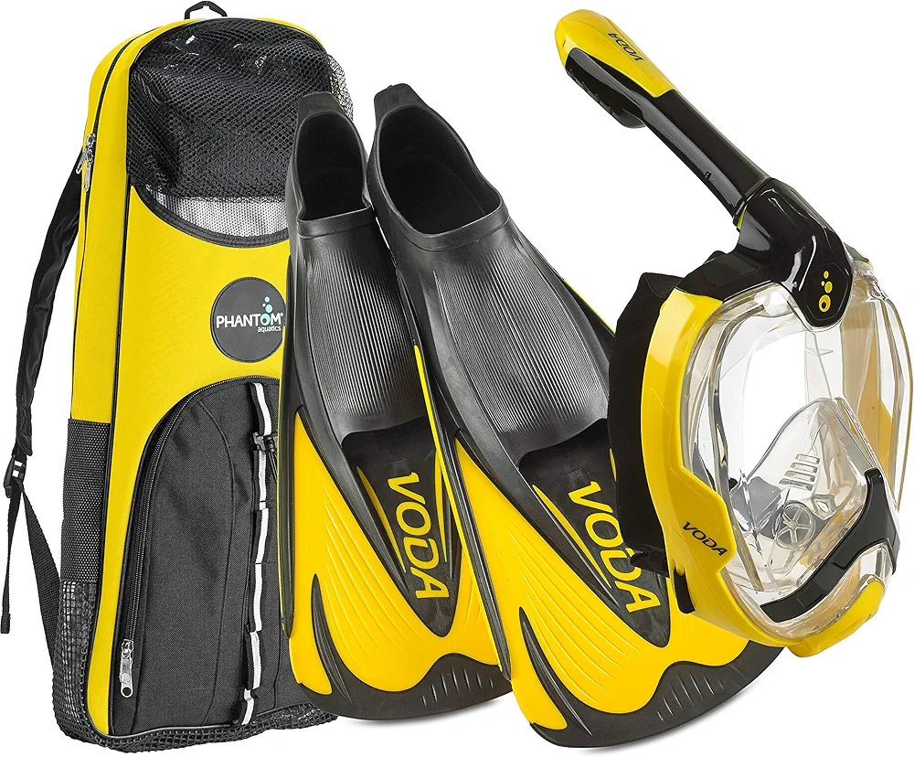 Phantom Aquatics Foldable 180 Degree Panoramic View Snorkeling Full Face Snorkel Mask - Italian Made Travel Short Blade Self Adjustable Fin - Snorkel Set