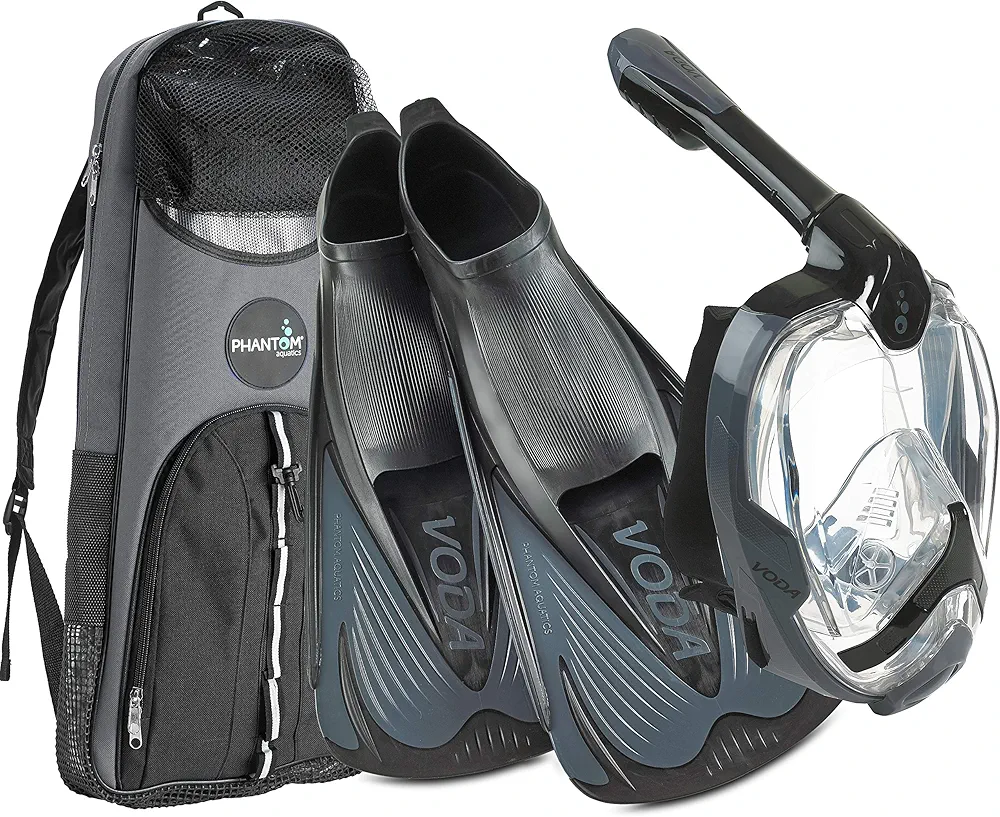 Phantom Aquatics Foldable 180 Degree Panoramic View Snorkeling Full Face Snorkel Mask - Italian Made Travel Short Blade Self Adjustable Fin - Snorkel Set