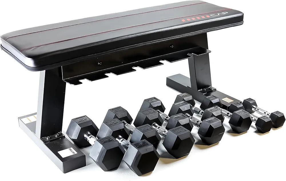 CAP Barbell Flat Bench with Dumbbell Storage and 150 lb Hex Coated Dumbbell Set