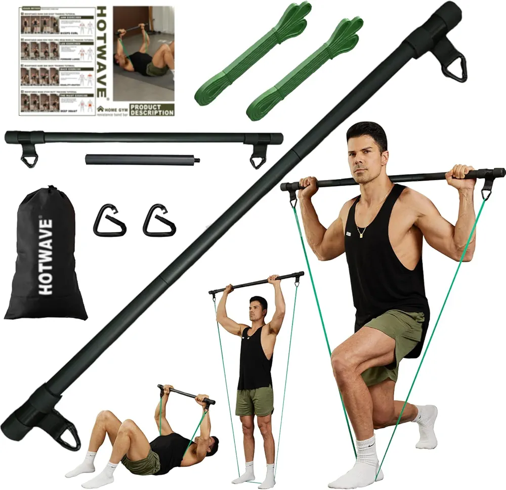 HOTWAVE Resistance Bands Bar with Ab Roller,Portable Home Gym, Strength Training Equipment, Squats, Bench Presses,Weightlifting, Full Body Exercise