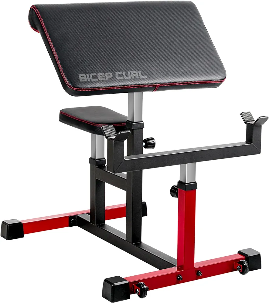 ER KANG Preacher Curl Bench, 350LBS Strength Training Biceps Bench for Home Gym, Adjustable Weight Bench with Wheels Moving, 24"×13" Arm Pad&Height Selectable Seat(2023 New Version)