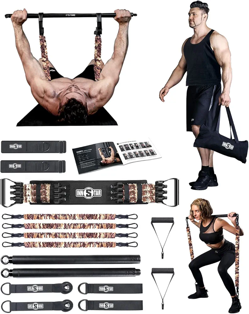 INNSTAR Portable Home Gym Set with Workout Bar, Bench Press Set, Squat Deadlift Resistance Band, Door Anchor and More-Full Body Workout Equipment to Build Muscle and Shape Body