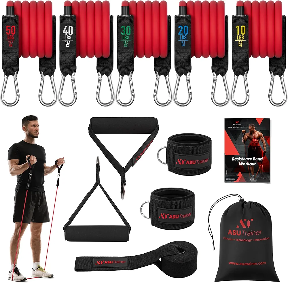 Tube Resistance Bands, 5 Exercise Bands, 10–50 lb, Tough Exercise Equipment Made of Durubbex, Resistance Bands for Working Out w/Ankle Straps & Door Anchor, Fitness & Workout Equipment