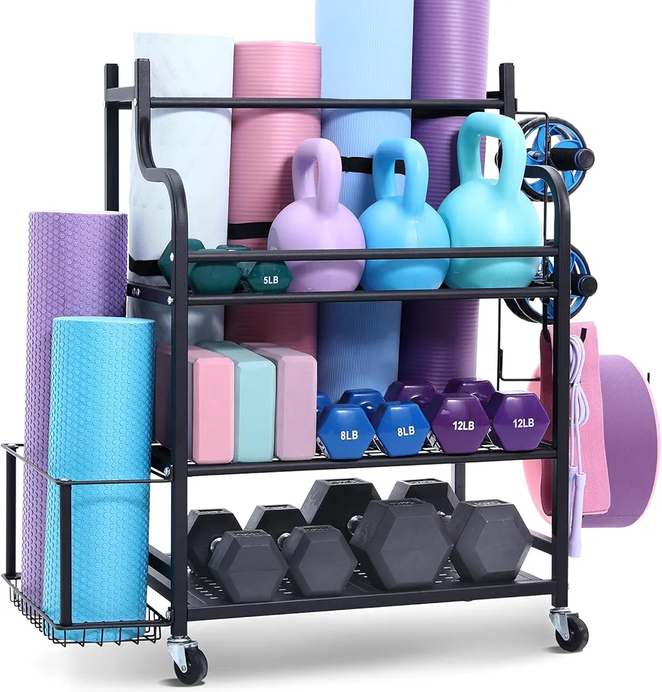 VEVOR Yoga Mat Storage Rack, Home Gym Workout Equipment Organizer, Powder Coated Finish Steel Yoga Mat Holder with Hooks & Wheels, Weight Rack for Dumbbell, Kettlebell, Foam Roller, and Yoga Strap