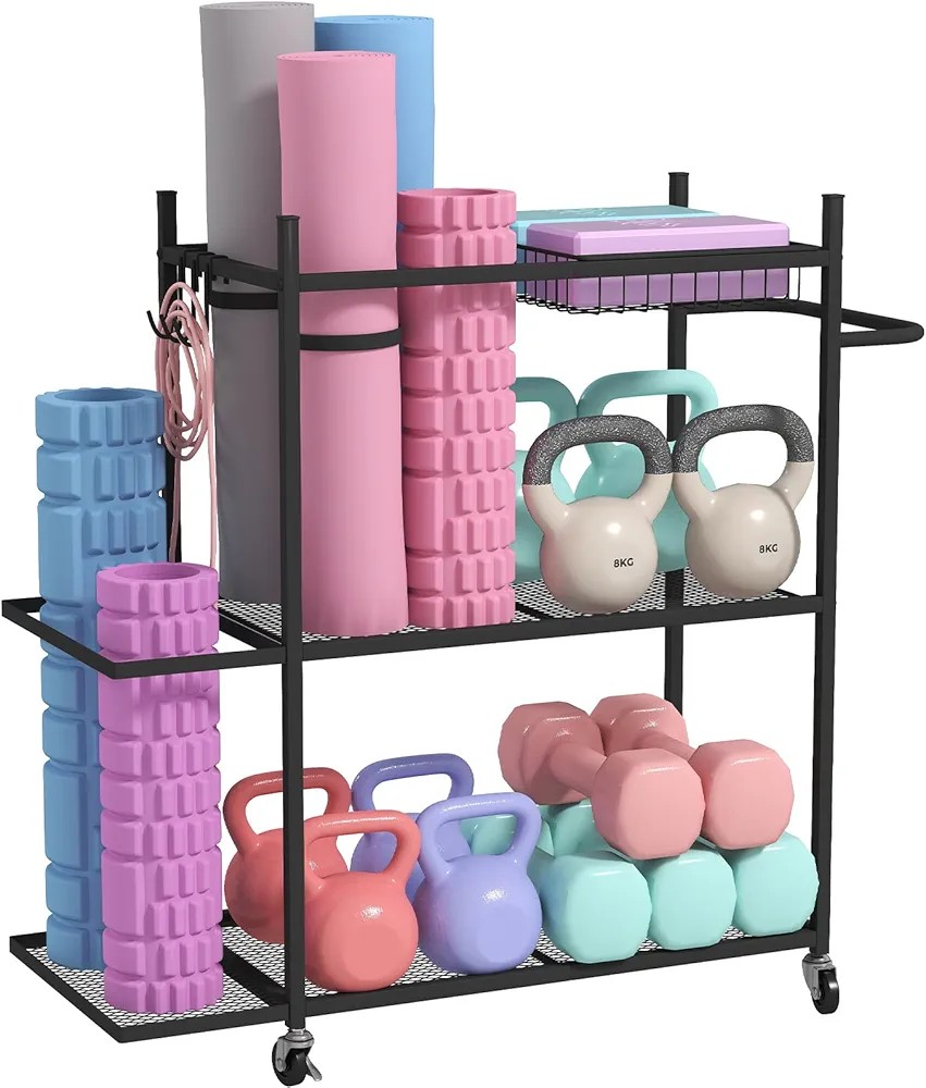 Hadulcet Dumbbell Rack, Heavy Duty Weight Rack for Dumbbells, Home Gym Storage Rack for Yoga Mat, Kettlebell & Balls, Adjustable Exercise Equipment with Lockable Wheels, Yoga Ball Stand