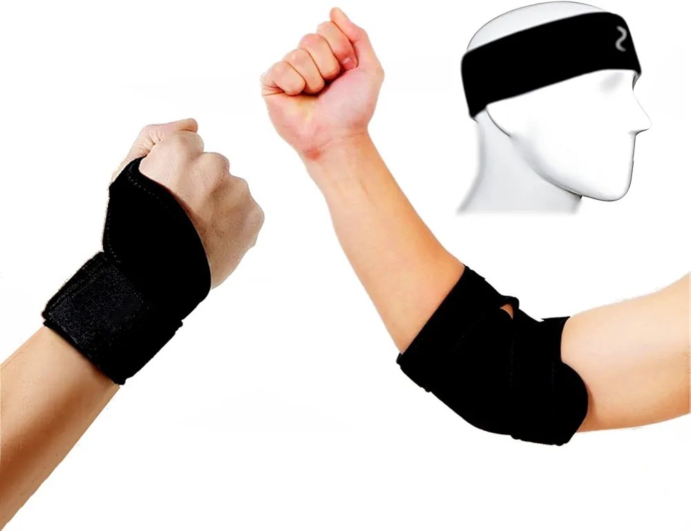 1 Cotton Sport Stretchable Headband, 1 Thumb Assisted Wrist Strap and 1 Elbow Brace Strap (ST4) for Home, Gym, Fitness, Sports, and Weight Lifting