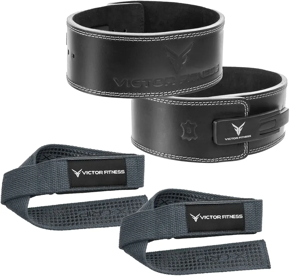 100% Top-Grain Leather 10mm Thick 4" Wide Quick Adjustable Metal Lever Powerlifting Belt for Men and Women + 24" Gray Padded Weightlifting Straps with Silicone Grip Design - Wrist Straps