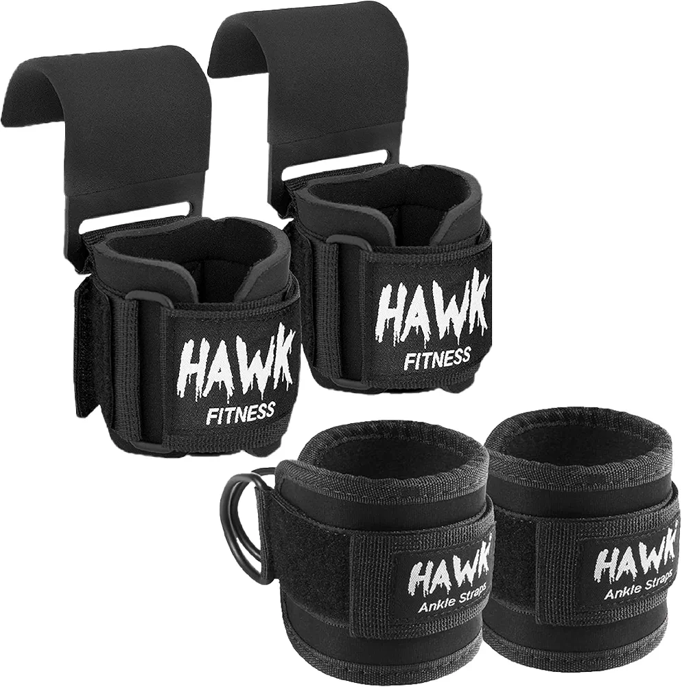 Hawk Sports Weightlifting Hooks with Wrist Straps & Ankle Strap Pair for Safely Weightlifting - Strengthen Your Grip and Lift Heavier Weights at Full Power