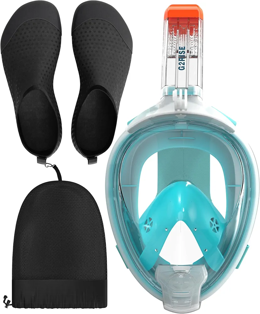 G2RISE Snorkeling Gear for Adults, Full Face Snorkel Mask Water Shoes Set for Kids Men and Women, Swim Dry Snorkel with Detachable Camera Mount, Anti-Fog and Foldable Design