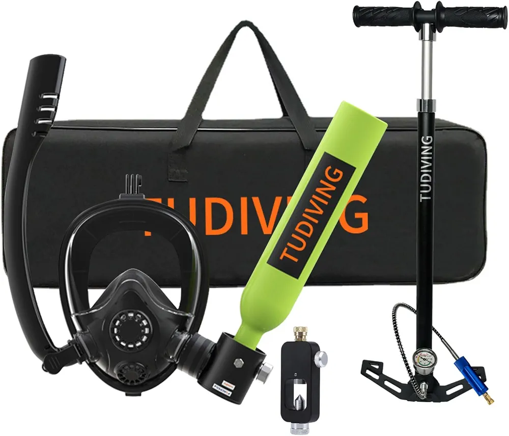 TUDIVING-0.5L Scuba Diving Tank Set,Mini Oxygen Cylinder with Full Face Snorkel Mask,Portable Travel Diving Kit for Underwater Diving Breathing Training/Rescue