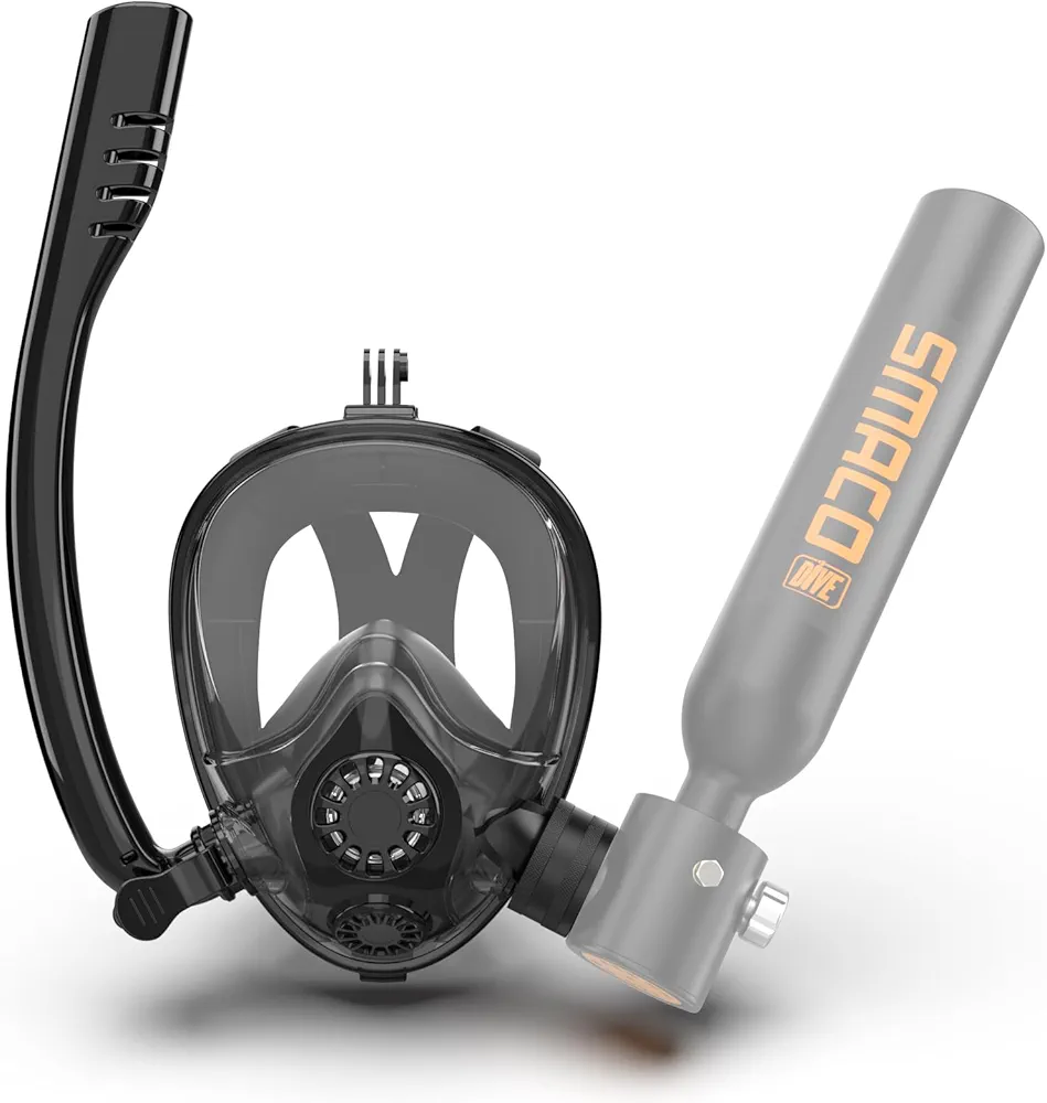 SMACO Full Face Snorkel Mask Compatiable with 0.5L/0.7L Mini Scuba Tanks, Scuba Mask with Anti-Fog& Leak Flat Lens and Camera Mount Support Both Snorkeling and Diving Within 10m Underwater