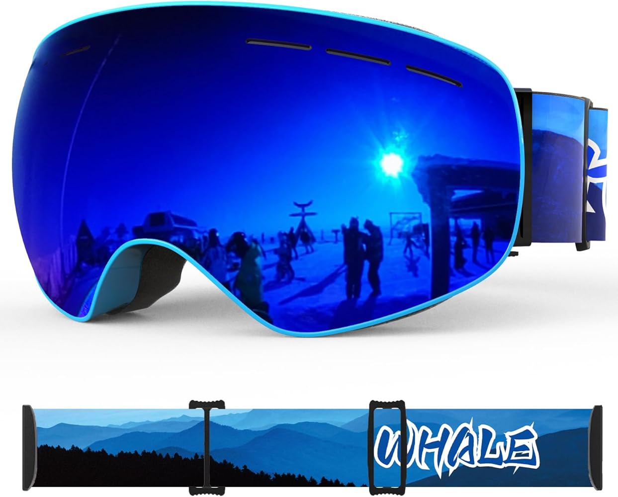 Whale Ski Goggles OTG Anti-Fog Snow/Snowboard Goggles Mirror lens for Men, Women & Youth - 100% UV Protection