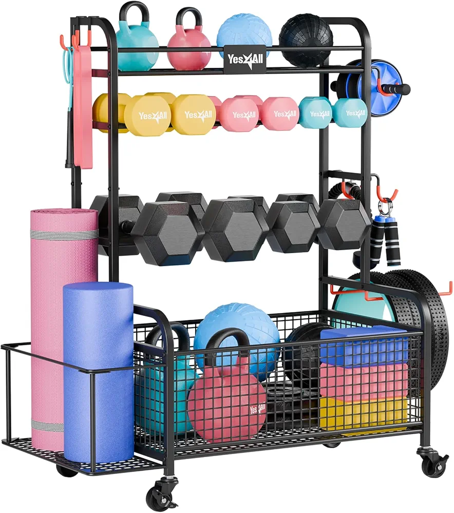 Yes4All Sports Equipment Organizer, Ball Storage Rack, Dumbbell Rack, Weight Rack for Yoga Mat Dumbbells Kettlebells Foam Roller, All in One Workout Storage, Garage Organizer with Basket, Wheels and Hooks, Black