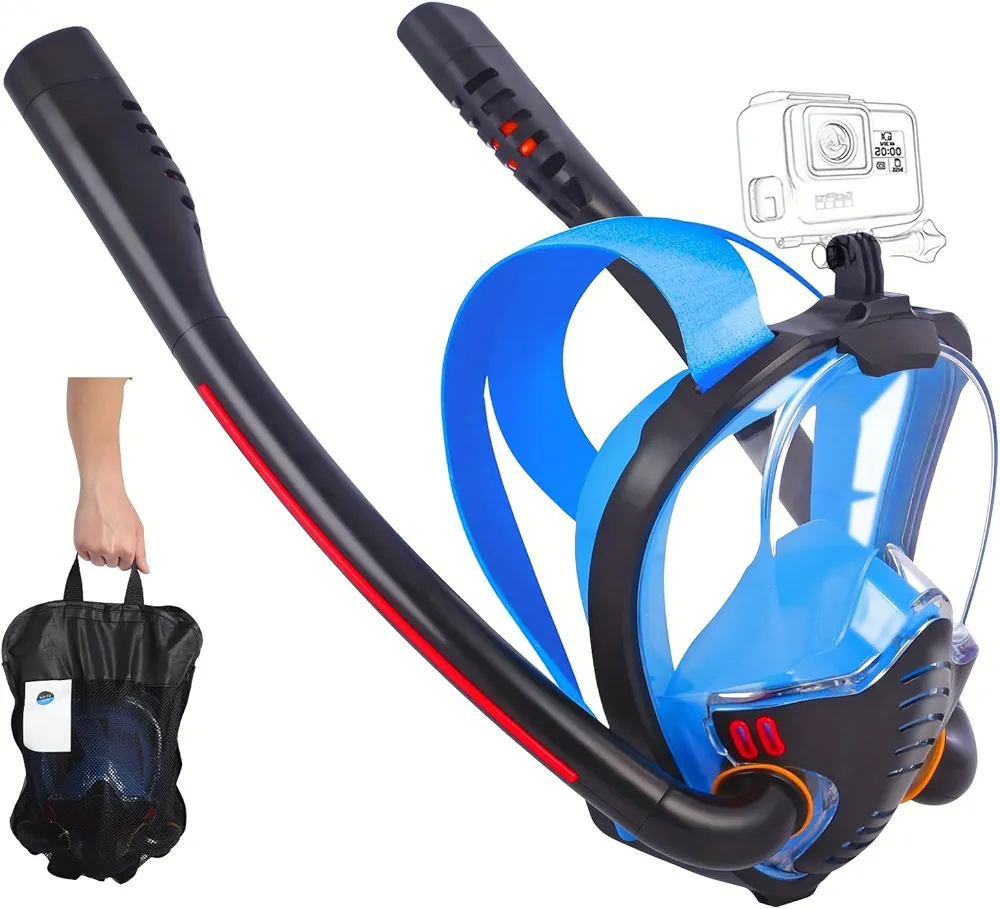 Full Face Snorkel Mask for Adults, Diving and Snorkeling Universal Fit Double Tube Breath Separation Camera Stand Anti-Fog Mirror Independent Exhaust Valve (Black and Blue)