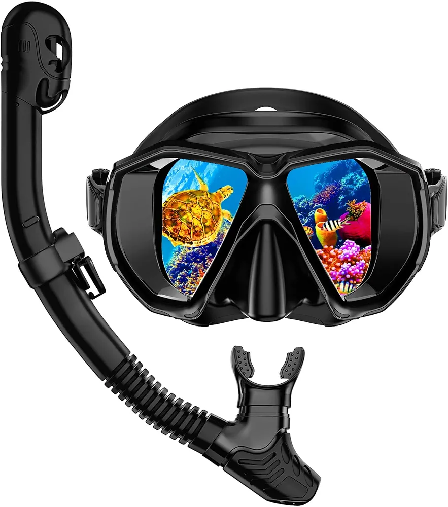 Snorkeling Gear for Adults Scuba Mask Set with Nose Cover Anti Fog Diving Mask with Dry Top Snorkel for Mens Womens Travel Swim Scuba Diving Snorkeling with Bag