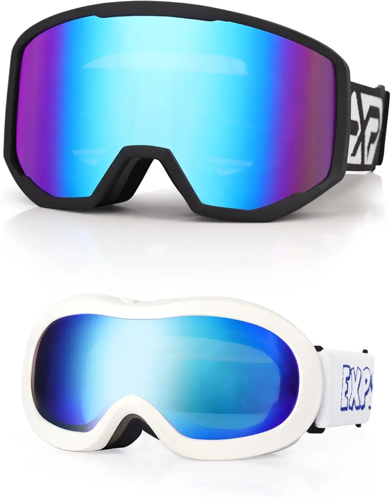 EXP VISION Ski Goggles Anti-Fog Child Snowboard Goggles with UV Protection, Over The Glasses Snow Goggles for Adult Kids (Blue Set)