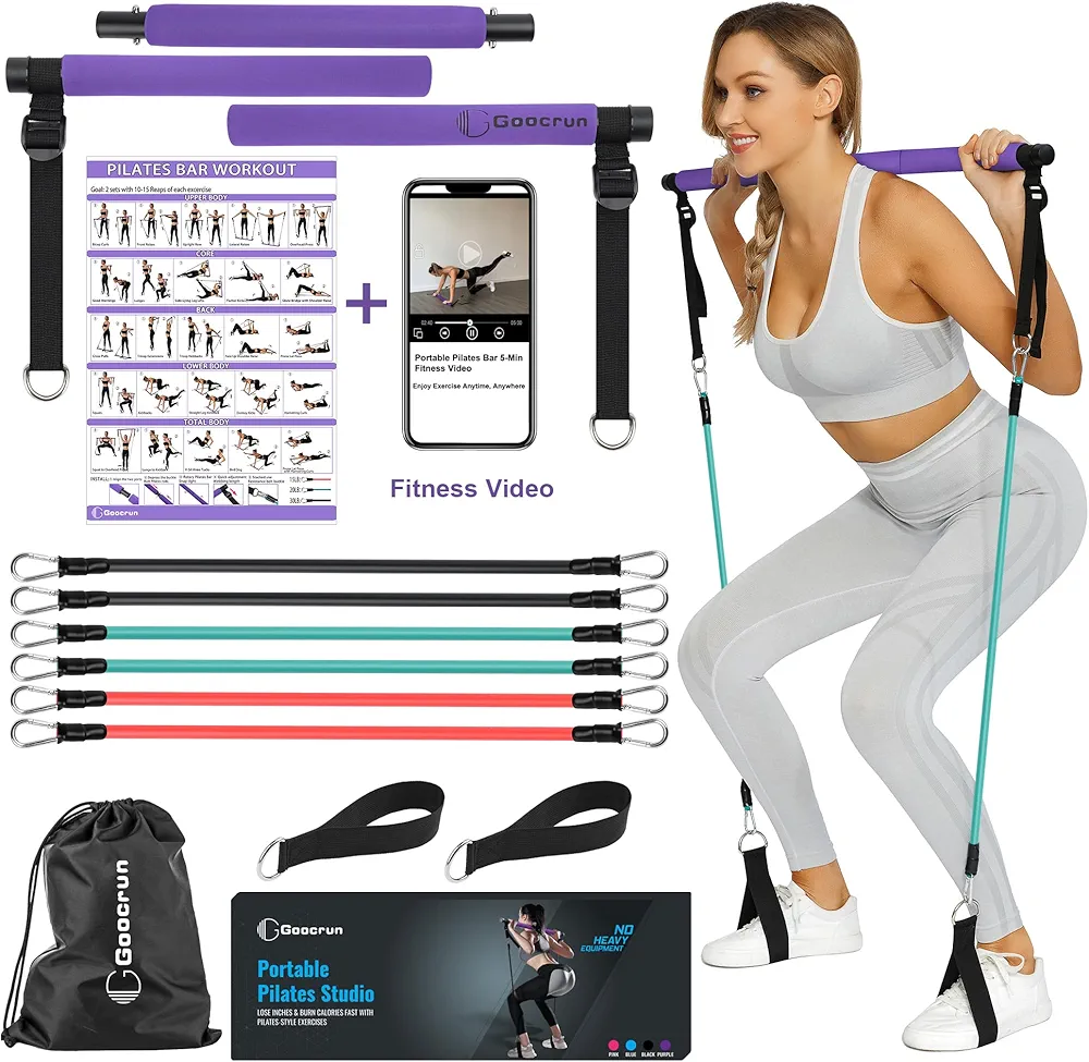 Portable Pilates Bar Kit with Resistance Bands for Men and Women - 3 Set Exercise Resistance Bands - Multifunctional Home Gym - Supports Full-Body Workouts – with Fitness Poster and Video