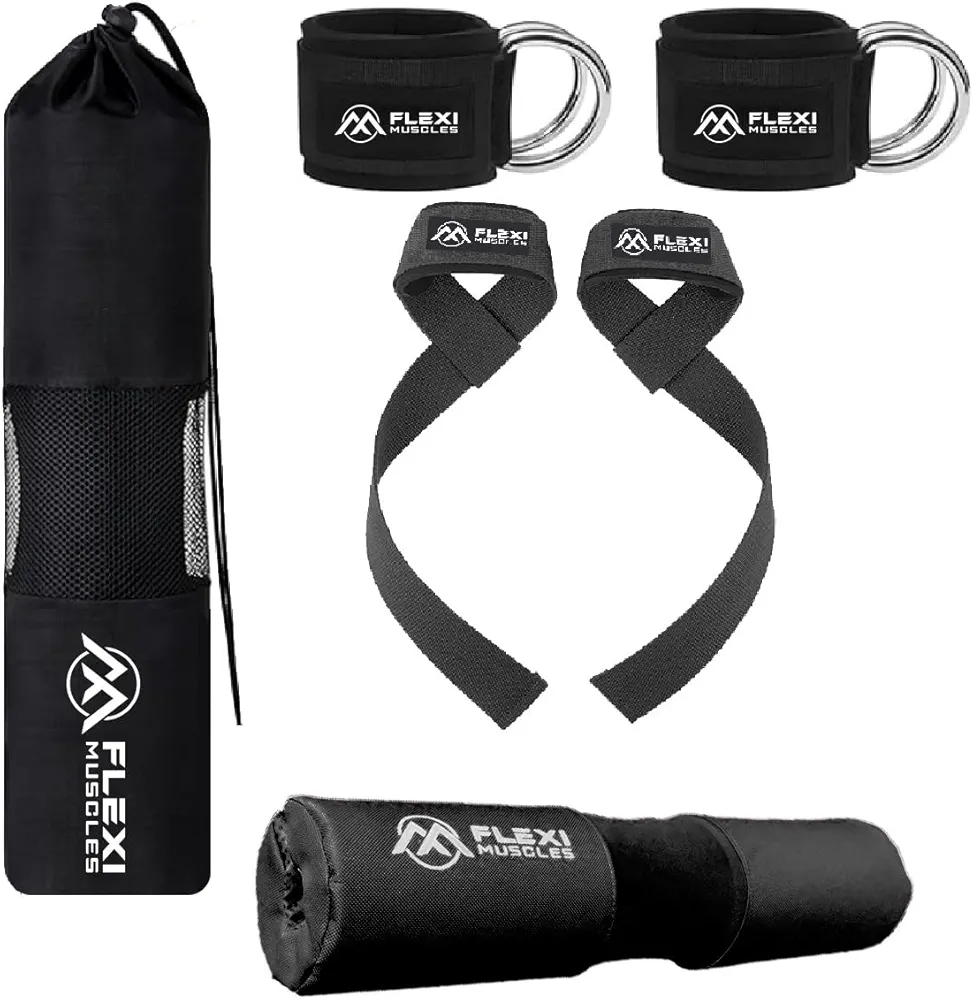 Barbell Pad, Ankle Straps, and Lifting Straps Combo - Ultimate Comfort & Support for Weightlifting, Squats, Hip Thrusts, and Strength Training.