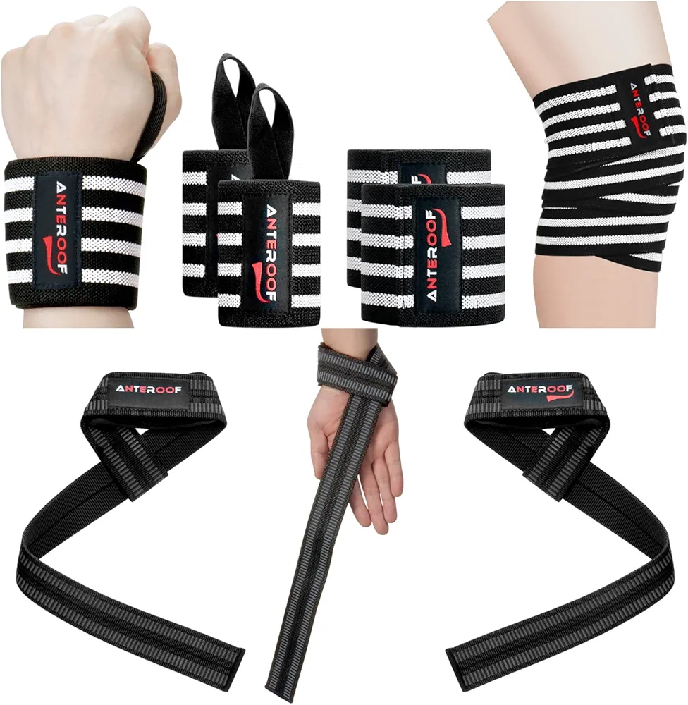 Strength Training Kit: Knee Wraps, Wrist Wraps, and Lifting Straps Set (3 Pairs) - Ultimate Protection for Weightlifting, Bodybuilding, and Fitness Workouts