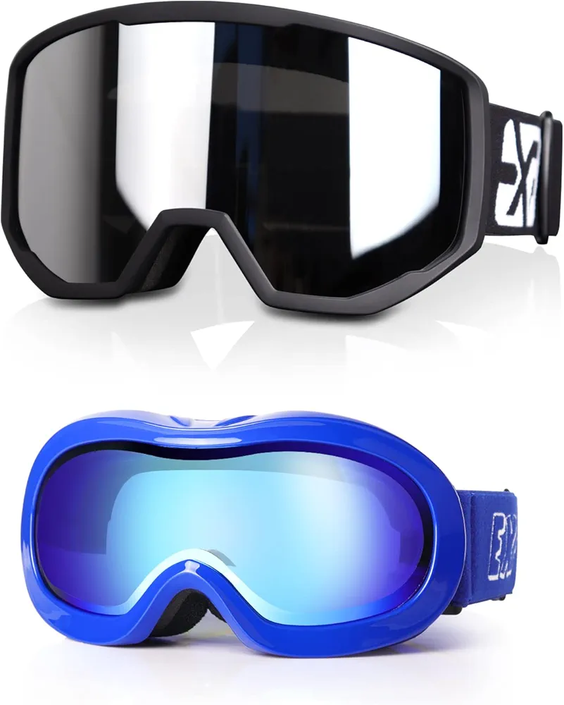 EXP VISION Ski Goggles Anti-Fog Child Snowboard Goggles with UV Protection, Over The Glasses Snow Goggles for Adult Kids (Silver Adult ski goggles & Blue Kids Ski Goggles)