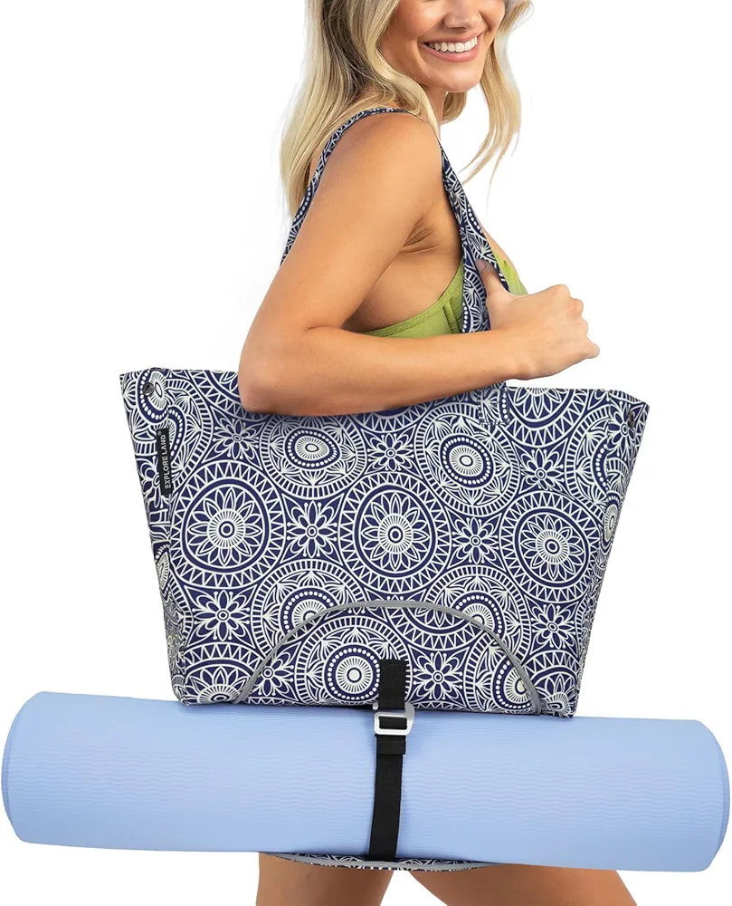 Explore Land Yoga Bags for Women with Large Pocket Pilates Tote Bag for Gym Beach Workout,Fits Water Bottles and All Size Mats