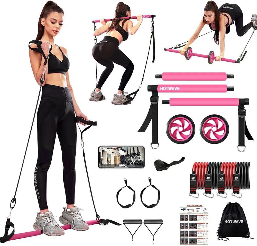 HOTWAVE Pilates Bar Kit with Resistance Bands, Pilates Equipment with AB Roller Multifunctional Stretched Fusion Pilates Bar - Portable Pilate Bar for Abs Workout, Exercise Fitness for Home Gym