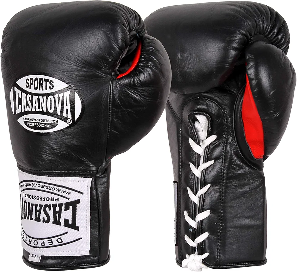 Casanova Boxing® Professional LACE-UP Boxing Fight Gloves (Black/Red Palm, 10 oz)