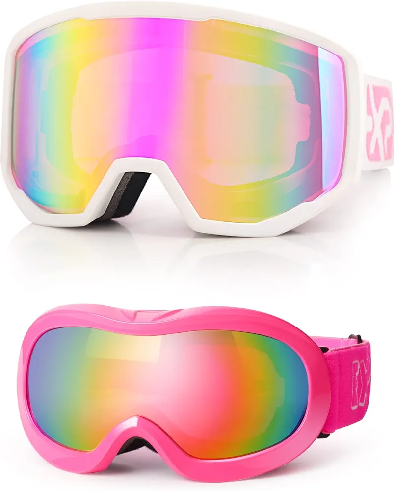 EXP VISION Ski Goggles Anti-Fog Child Snowboard Goggles with UV Protection, Over The Glasses Snow Goggles for Adult Kids (Pink Set)