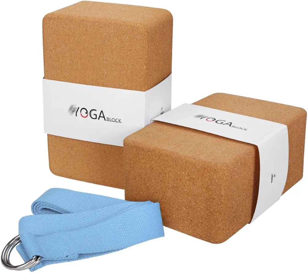 JBM 2 Pack Yoga Blocks with Strap Cork Yoga Block Yoga Brick, Heavy-duty Cork Yoga Block to Support and Deepen Poses