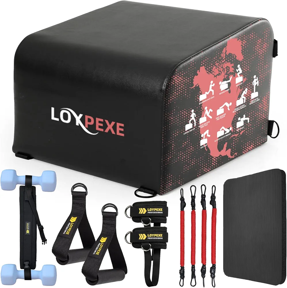 Multi-Functional Whole Body Workout Box Hip Thrust Bench,Hip Thrust Bench for Glute Bridge Exercise,Box Jump Training,Core&Abs Strength Training With Resistance Band,Exercise Handle,Knee Pad Gym