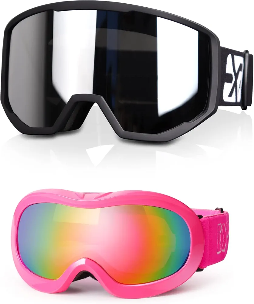 EXP VISION Ski Goggles Anti-Fog Child Snowboard Goggles with UV Protection, Over The Glasses Snow Goggles for Adult Kids