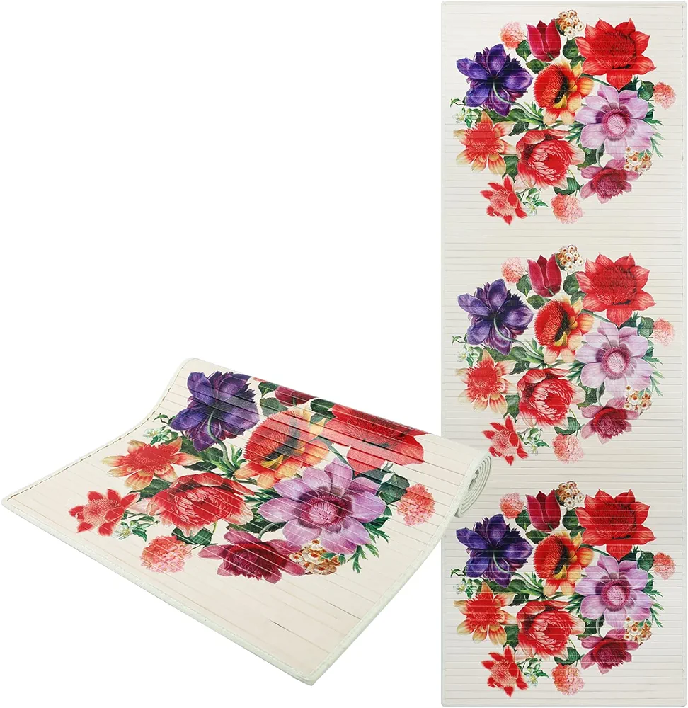 Bamboo Yoga Mat Vintage Flower Natural Bamboo Mat Fitness Exercise Mat W24”x L67”For Home Tatami, Yoga, Pilates Fitness and Exercise Rest Cushion