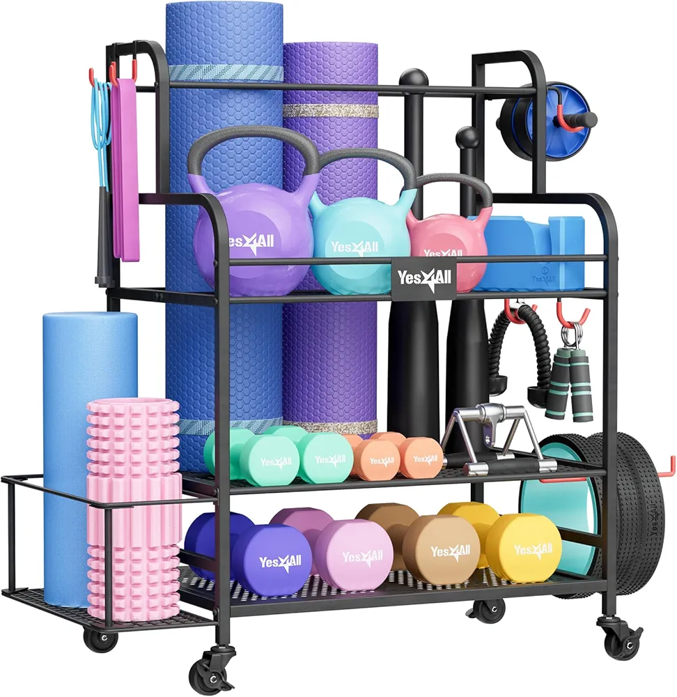 Yes4All Dumbbell Rack, Weight Rack for Home Gym, Sports Equipment Organizer for Dumbbells Kettlebells Yoga Mat Foam Roller and Balls, All in One Gym Workout Storage with Wheels and Hooks, Black