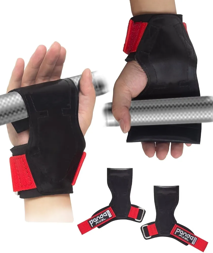 Pixel Panda Weight Lifting Grips for Heavy Powerlifting, Deadlifts, Rows, Pull Ups, with Neoprene Padded Wrist Wraps Support and Strong Rubber Gloves or Straps for Bodybuilding (Pair)