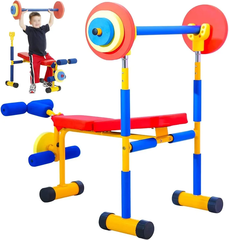Bench and Leg Press for Kids, Fitness Exercise Equipment for Kids, Children Workout Barbell Dumbbell Weight Set for Ages 3-12 Year Old