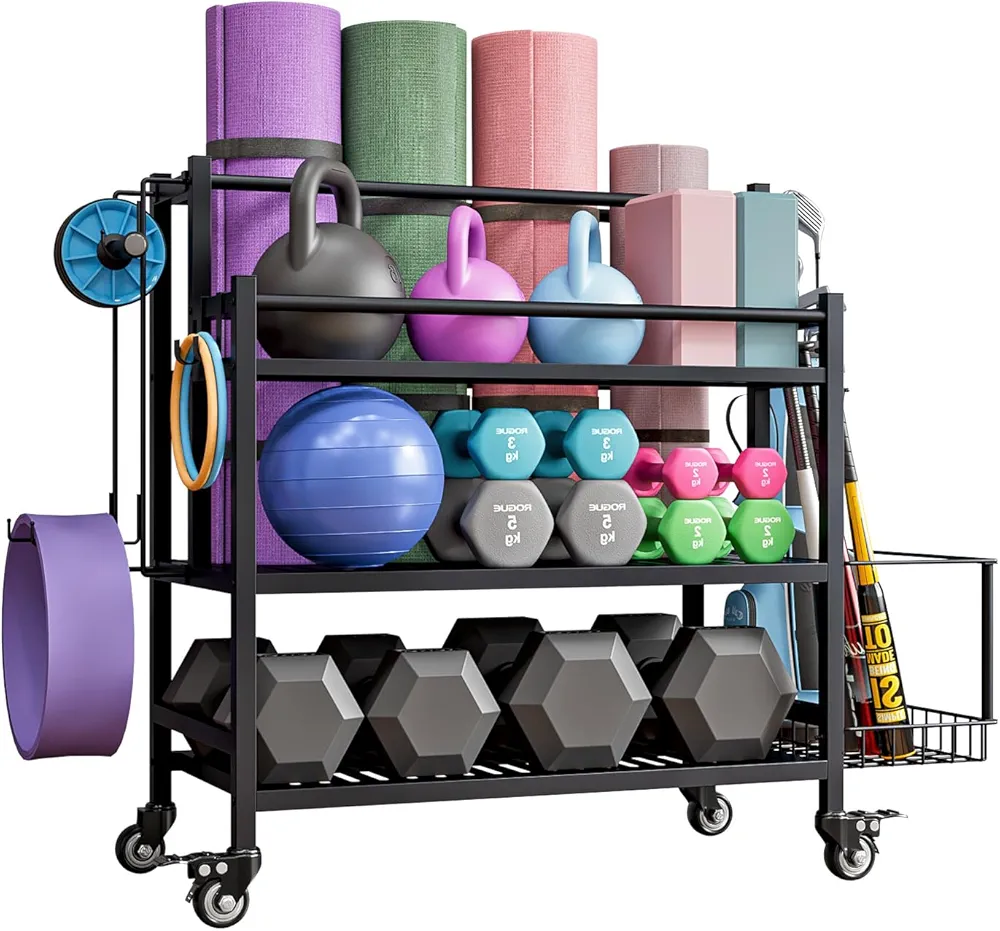 Dumbbell Rack,Weight Racks for Dumbbells,Yoga Mat Storage Rack,Home Gym Storage Racks for Foam Roller Kettlebells ball,Workout Equipment Storage Organizer With Hooks and Wheels