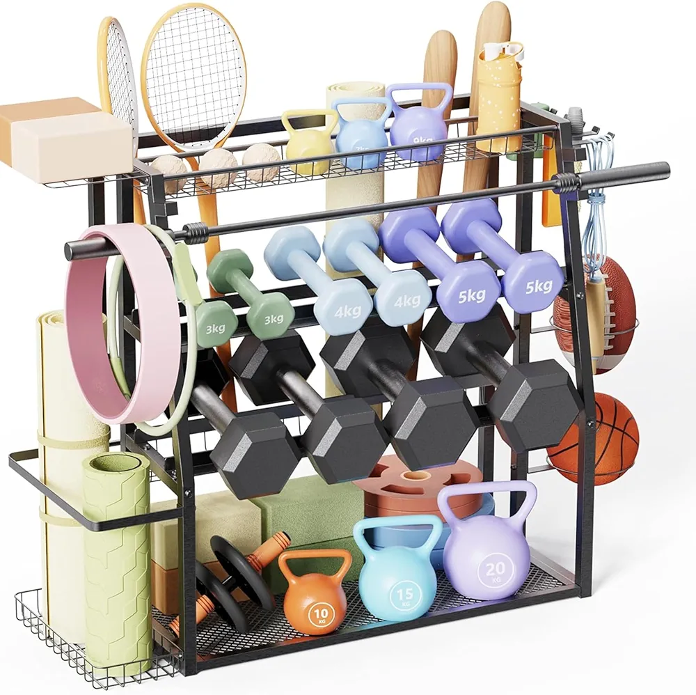 Yes4All Weight Rack for Home Gym 440lbs Capacity, Home Gym Storage Rack for Dumbbells, Yoga Mat, and Balls Holder - All in One Workout Equipment Storage Organizer with Hooks This Is Living