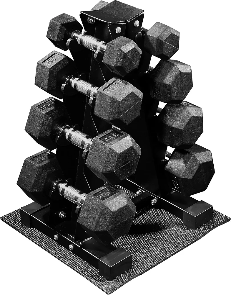 Rubber Coated Hex Dumbbell Weight Set and Storage Rack, 100LB Set or 150LB Set, 5-20 lbs Pairs or 5-25 lbs Pairs