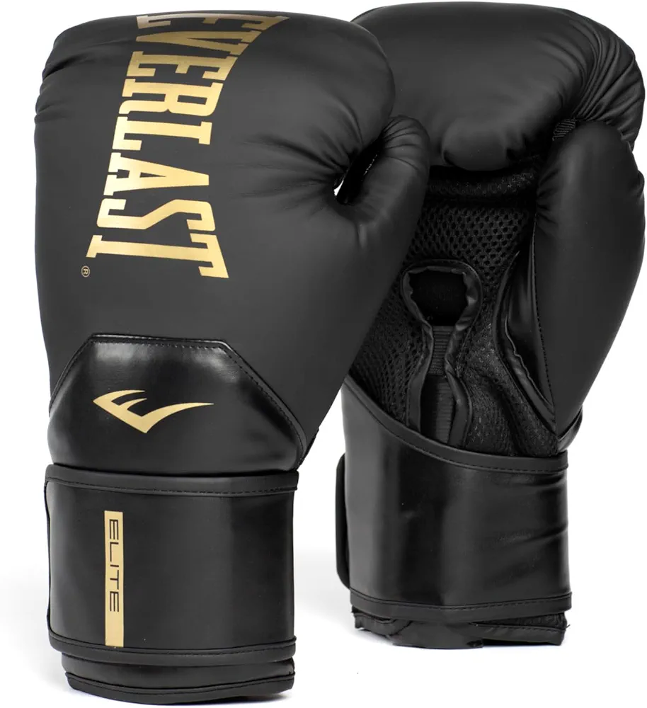 Everlast Elite 2 Training Boxing Gloves, Black/Gold 10 oz.