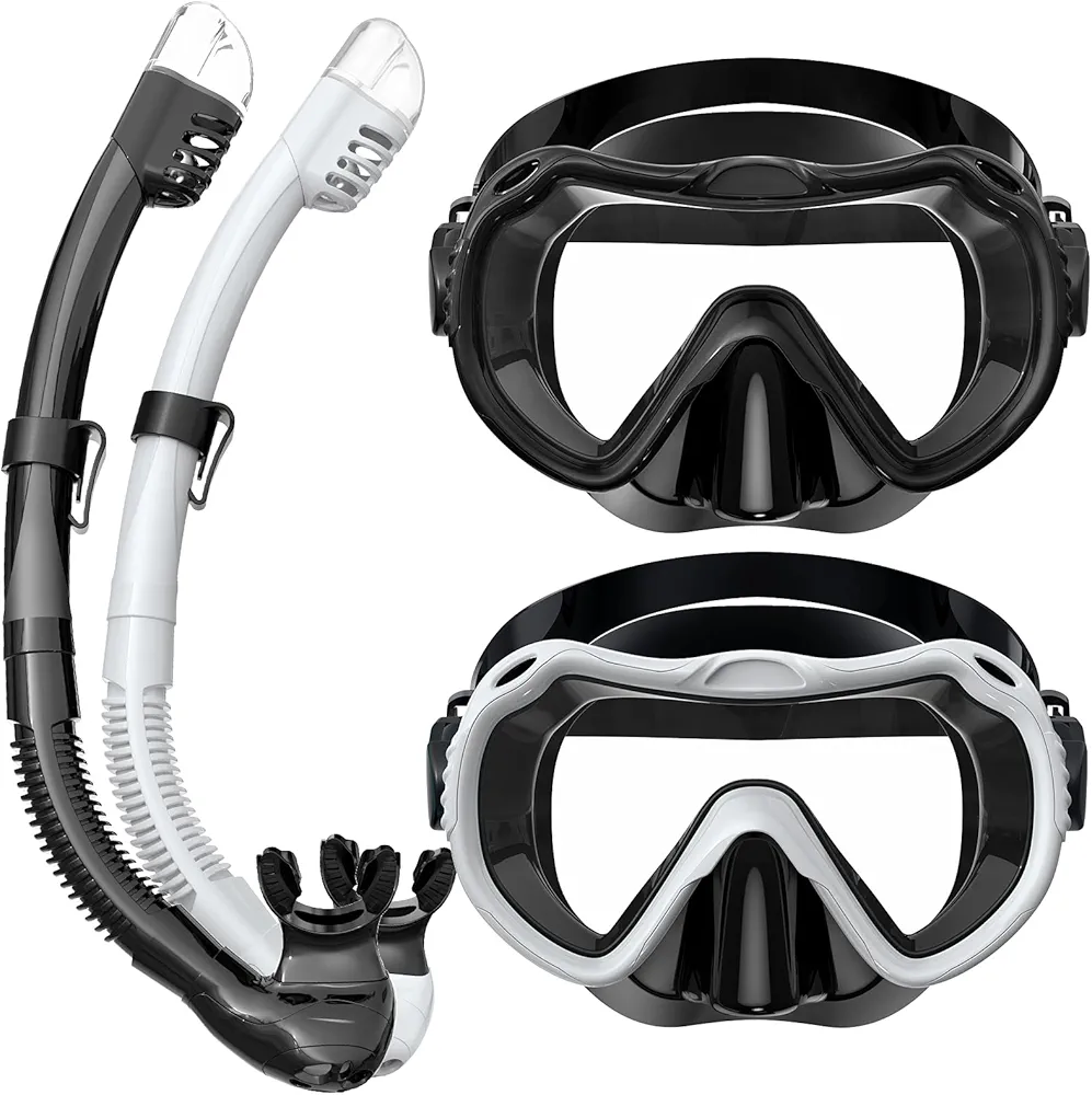 Snorkeling Gear for Adults, Snorkel Mask Set 180° Panoramic View Snorkel Gear, 100% Food-Grade Silicone Anti-Fog Anti-Leak Dry Top Diving Mask for Snorkeling Swimming Scuba Diving