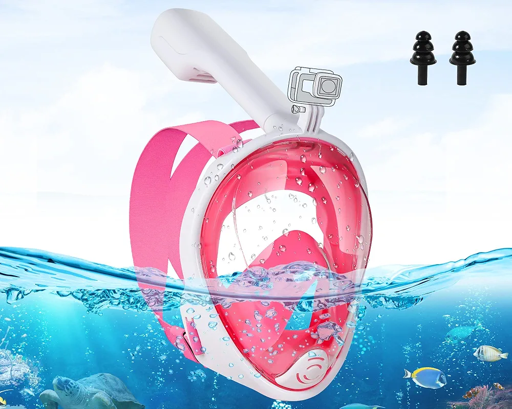 Adults Full Face Snorkel Mask Snorkeling Gear Set with Camera Mount, Dry Snorkel, Anti-Fog Goggles, Swimming Ear Plugs for Women Beach Vacations - Large Pink