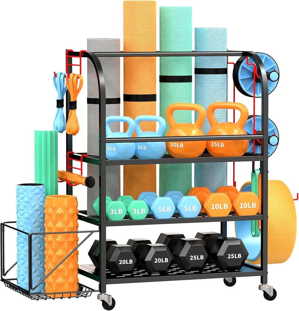 Dumbbell Rack, Weight Rack for Home Gym, 3-Tier 600LBS Metal Home Gym Storage with 2 Lockable Wheels & 4 Adjustable Hooks, kettlebell Rack for Yoga Mat Storage, Dumbbells, Kettlebell, Foam Roller, Resistance Bands