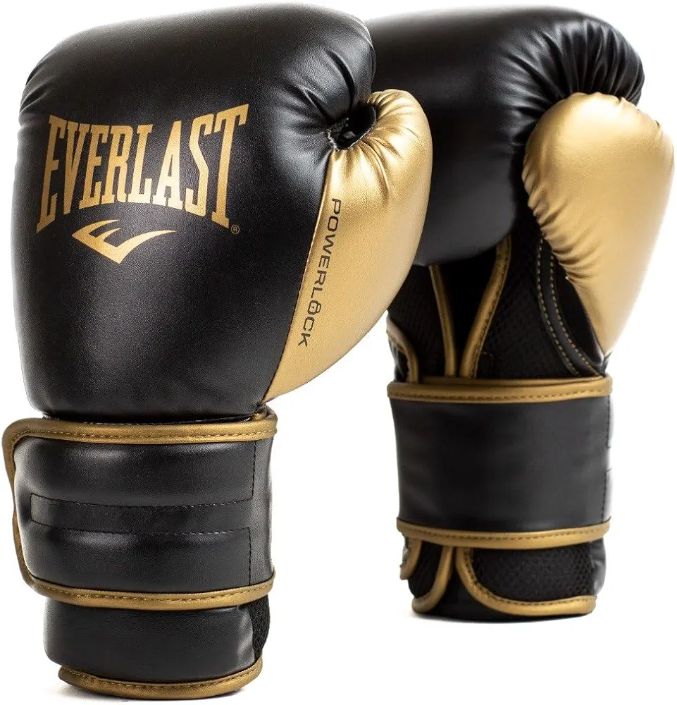 Everlast Powerlock2 Boxing Gloves Black/Gold 12oz - Enhanced Performance and Style. Ideal Training Gloves for Boxing