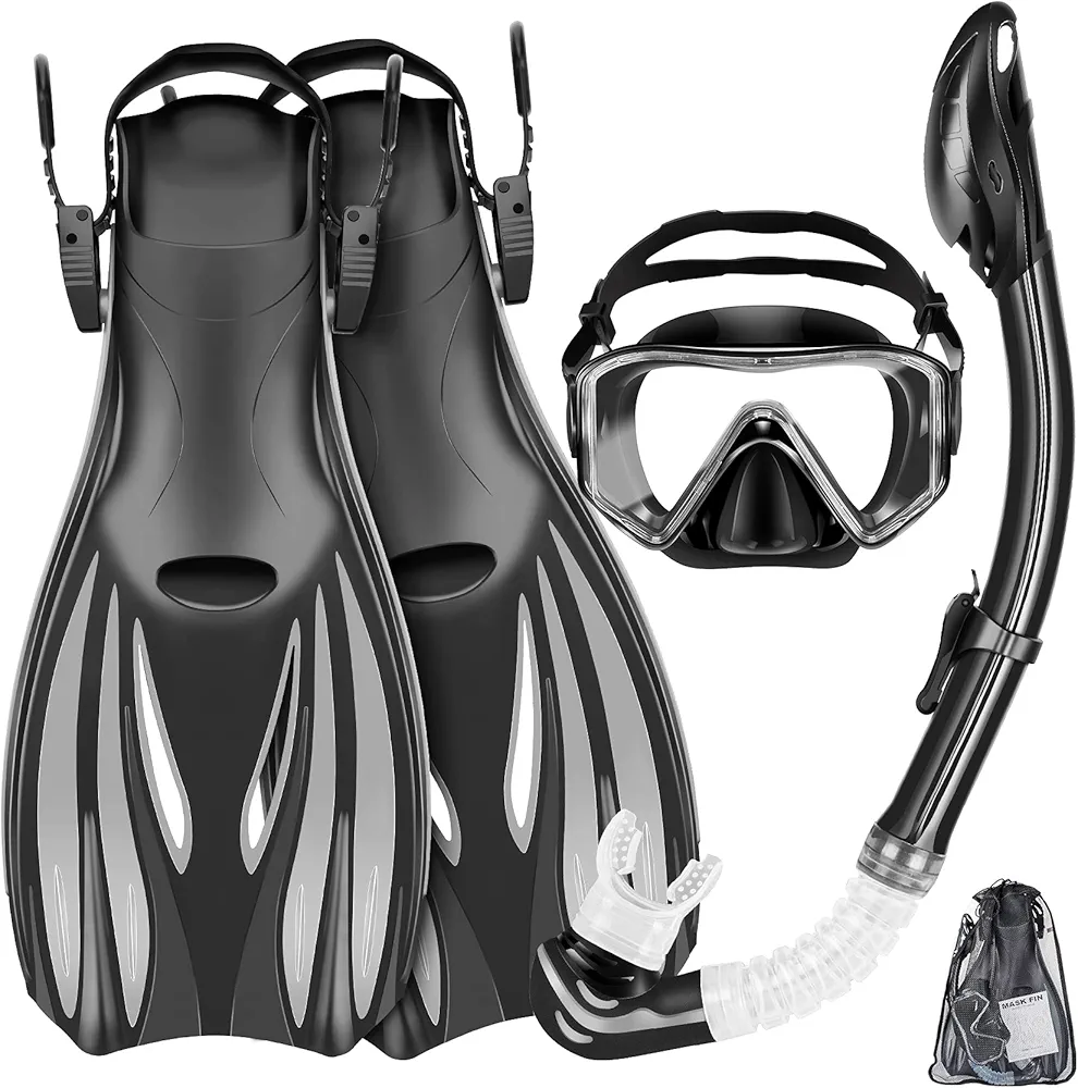 Snorkeling Gear for Adults Kids - Mask Fins Snorkel Set with Panoramic View Snorkel Mask Anti-Fog Anti-Leak, Dry Top Snorkel, Dive Flippers and Gear Bag