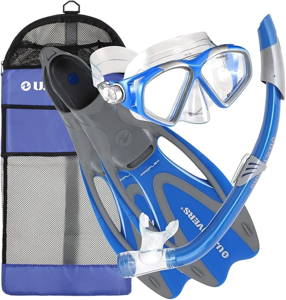 OutdoorMaster x U.S. Divers Cozumel DX Travel Snorkeling Gear for Adults with Anti-Fog Mask, Dry Top Snorkel, Fins & Gear Bag for Scuba Diving, Snorkeling, Swimming