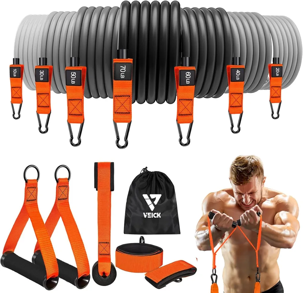 VEICK Resistance Bands for Working Out, Exercise Bands with Handles, Elastic Workout Bands for Men Women, Exercising Bands for Strength Training Equipment at Home Gym