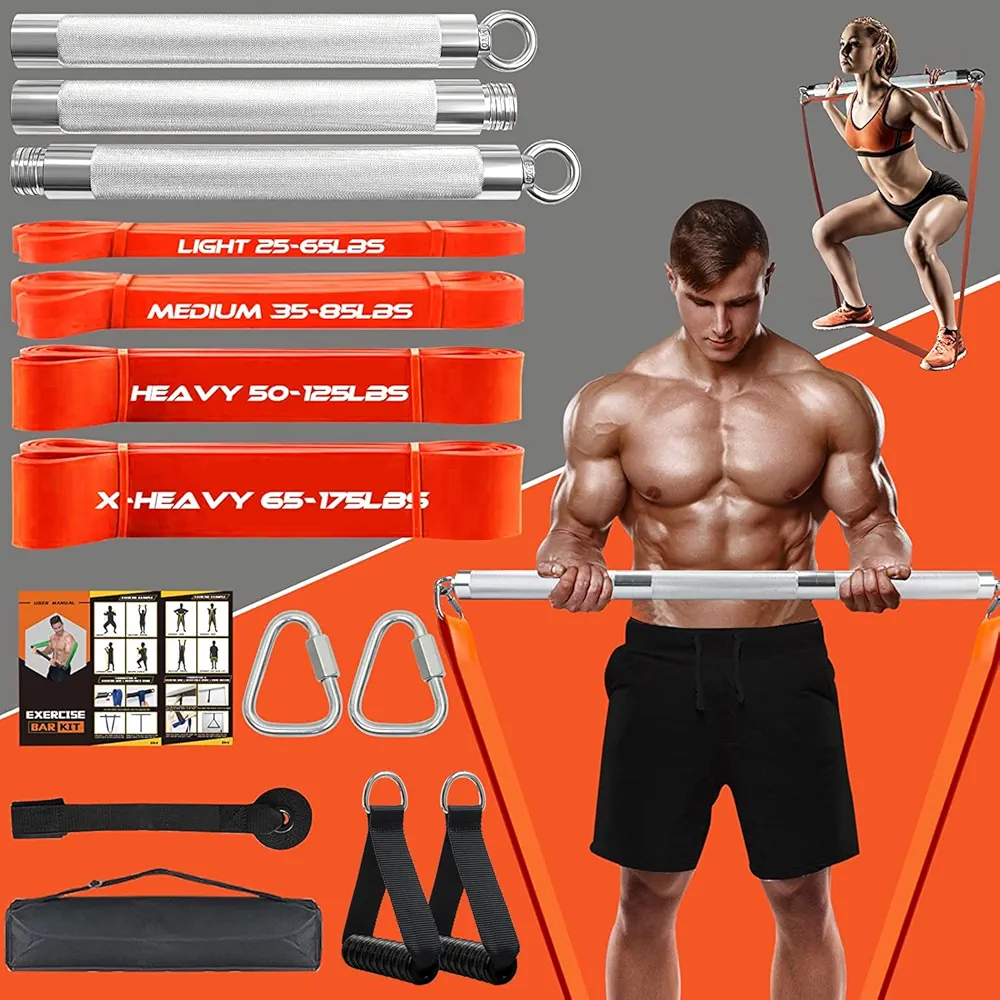 Portable Extra Heavy Home Gym Resistance Band Bar Set with 4 Stackable Resistance Bands,Detachable Full Body Workout Equipment Exercise Bar Kit,500LBS Longer Bar with Bands,Workout Guide Included