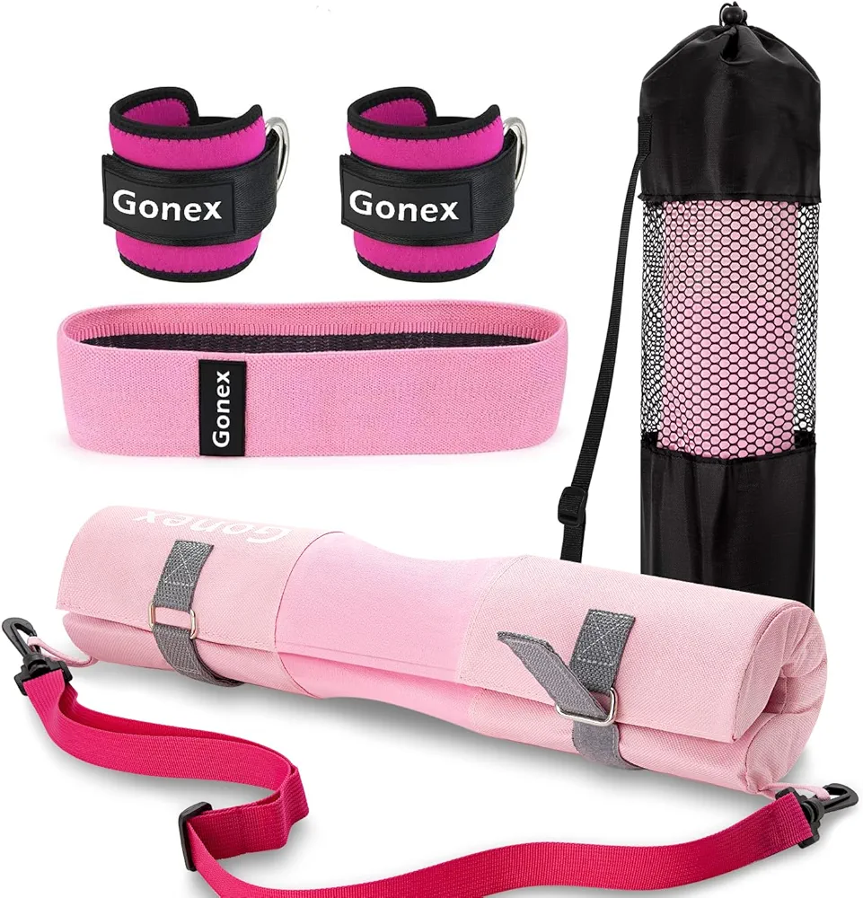 Gonex Barbell Pad Set for Squats Hip Thrusts Upgraded Bar Neck Pads Workout Foam Weightlifting Cushion with 2 Gym Ankle Straps Hip Resistance Band Fits Standard Olympic Bars with a Carry Bag