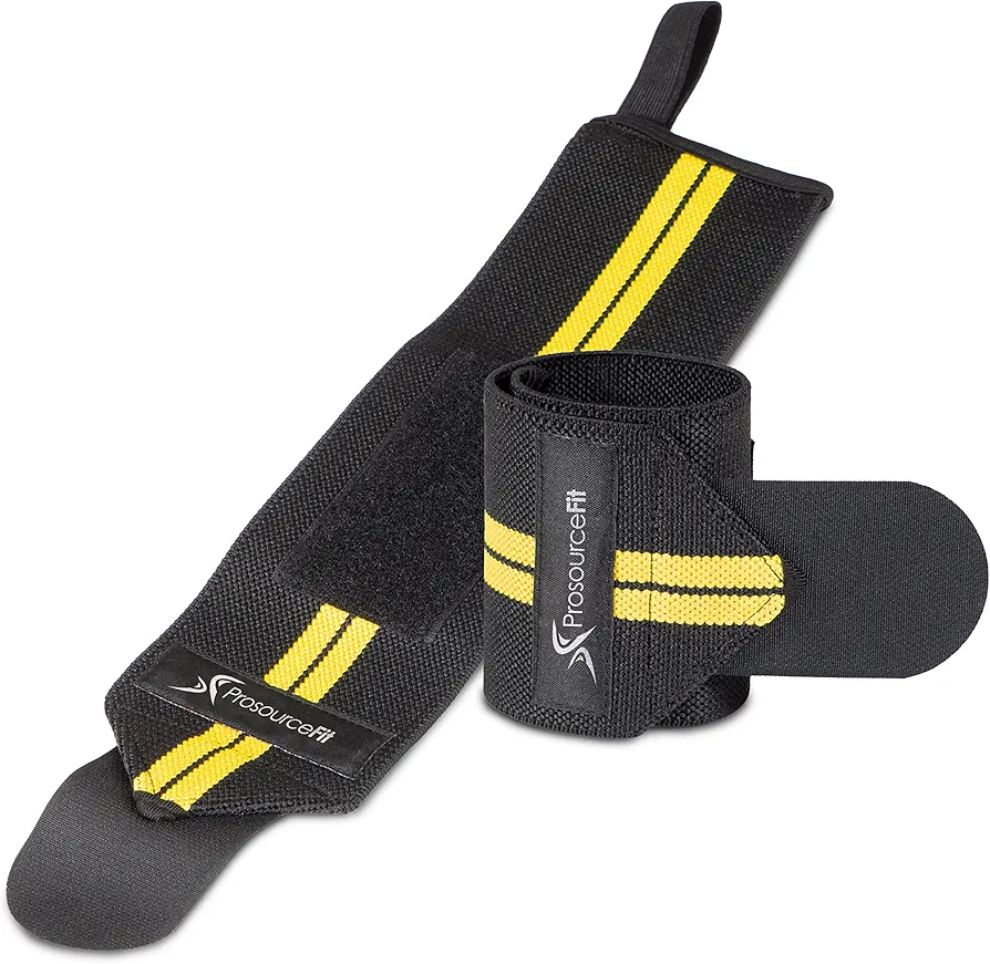 ProsourceFit Pair of Barbell Weight Lifting Wrist Wraps Support with Thumb Loop, Yellow